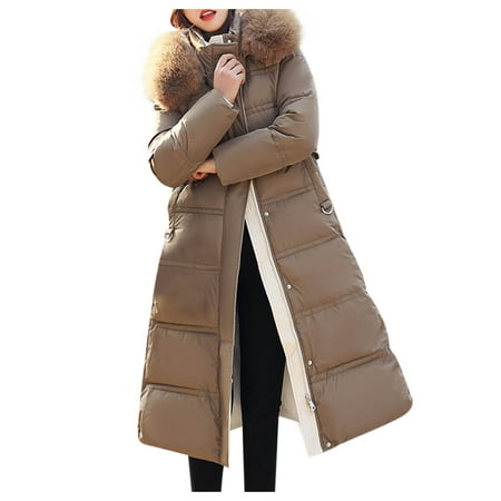 

Womens Puffer Jackets Winter Coats for Women Fashion Warm Long Hooded Padded Bubble Coat with Faux Fur Collar Outwear