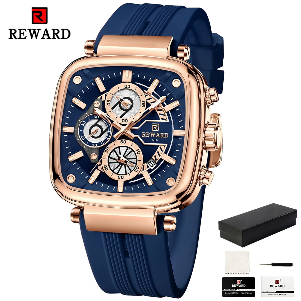 Square Watches for Men, Blue Silicone Chronograph Calendar, Fashion Sports Watch, Luminous Waterproof, Casual Wrist Watches, Rose Gold Case