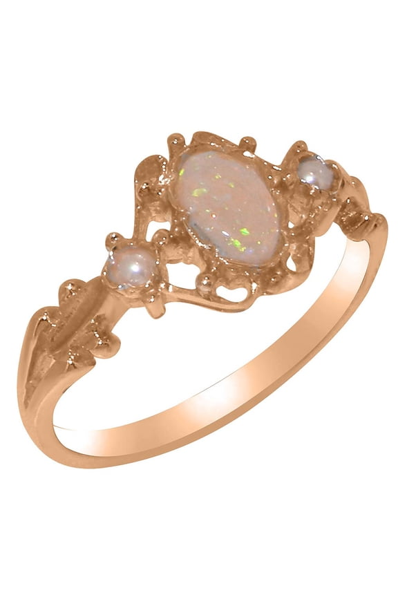 LBG British Made 10k Rose Gold Natural Opal & Cultured Pearl Womens Trilogy Ring - 33 size options - Size 11.75