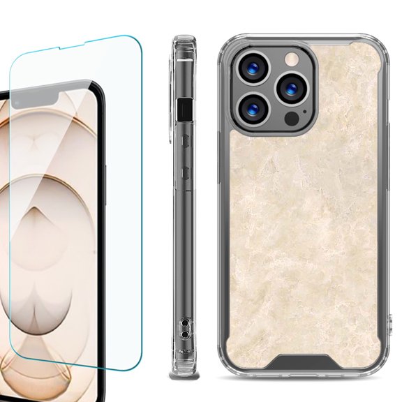 Shockproof Bumper Phone Case for iPhone 13 Pro Max, with Tempered Glass Screen Protector, by OneToughShield ® - Marble / Latte