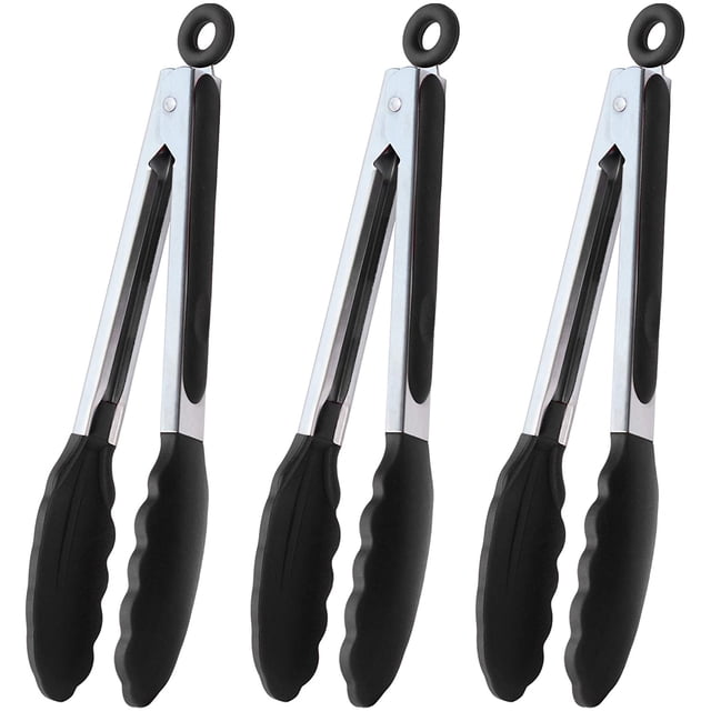 Pinzas de servicio de 9 pulgadas, pinzas de cocina con puntas de silicona, juego de 3 (negras) Negras