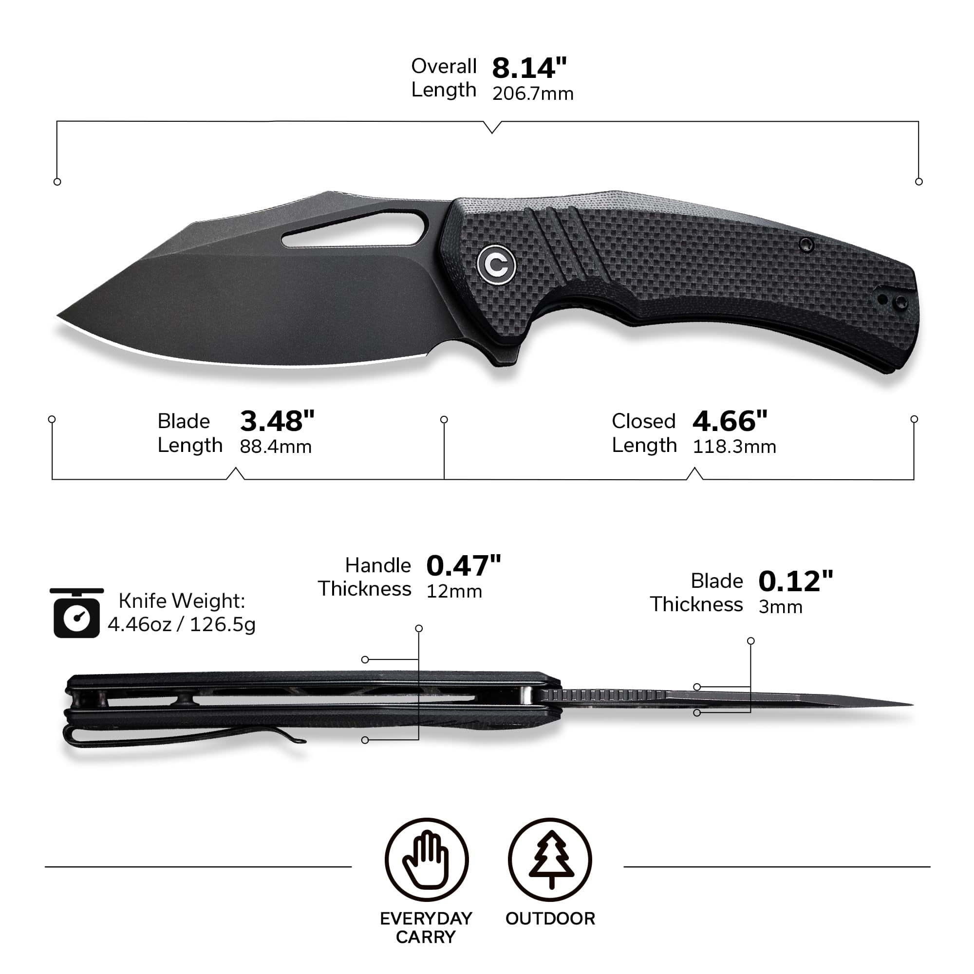 CIVIVI BullTusk Pocket Knife for Camping Fishing Hunting, Folding Knife with Flipper, 3.48" Curved 14C28N Blade Coarse G10 Handle, Cool Pocket Knife for Men Women Gift C23017-1