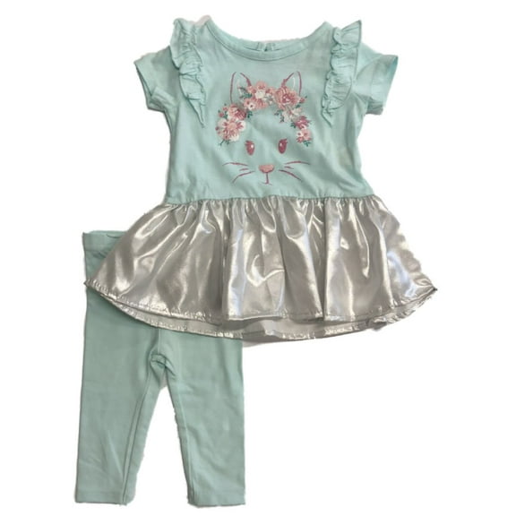 Infant Girls Blue Bunny Rabbit Baby Outfit Ruffle Metallic Shirt & Pants 3-6m