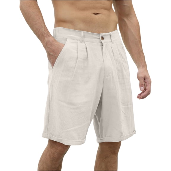 Dwelliawo Men's Cotton Linen Shorts Elastic Waist Straight Leg Linen Dress Shorts Loose Fit Beach Pants Cotton Linen Pleat-Front Classic Light Gray 2XL