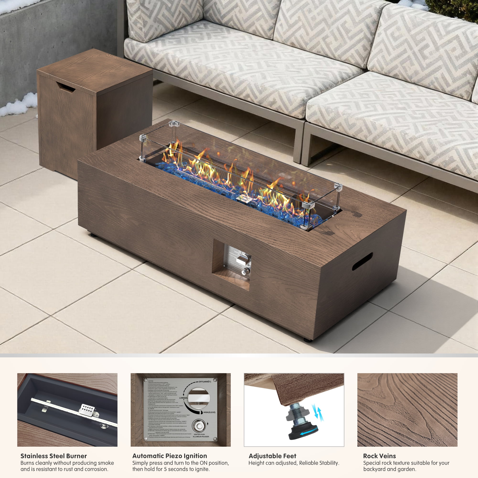 42 in. Retangular Coating Steel Propane Firepit Table, 50,000 BTU Outdoor Fire Pit Table in Dark brown Wood Grain