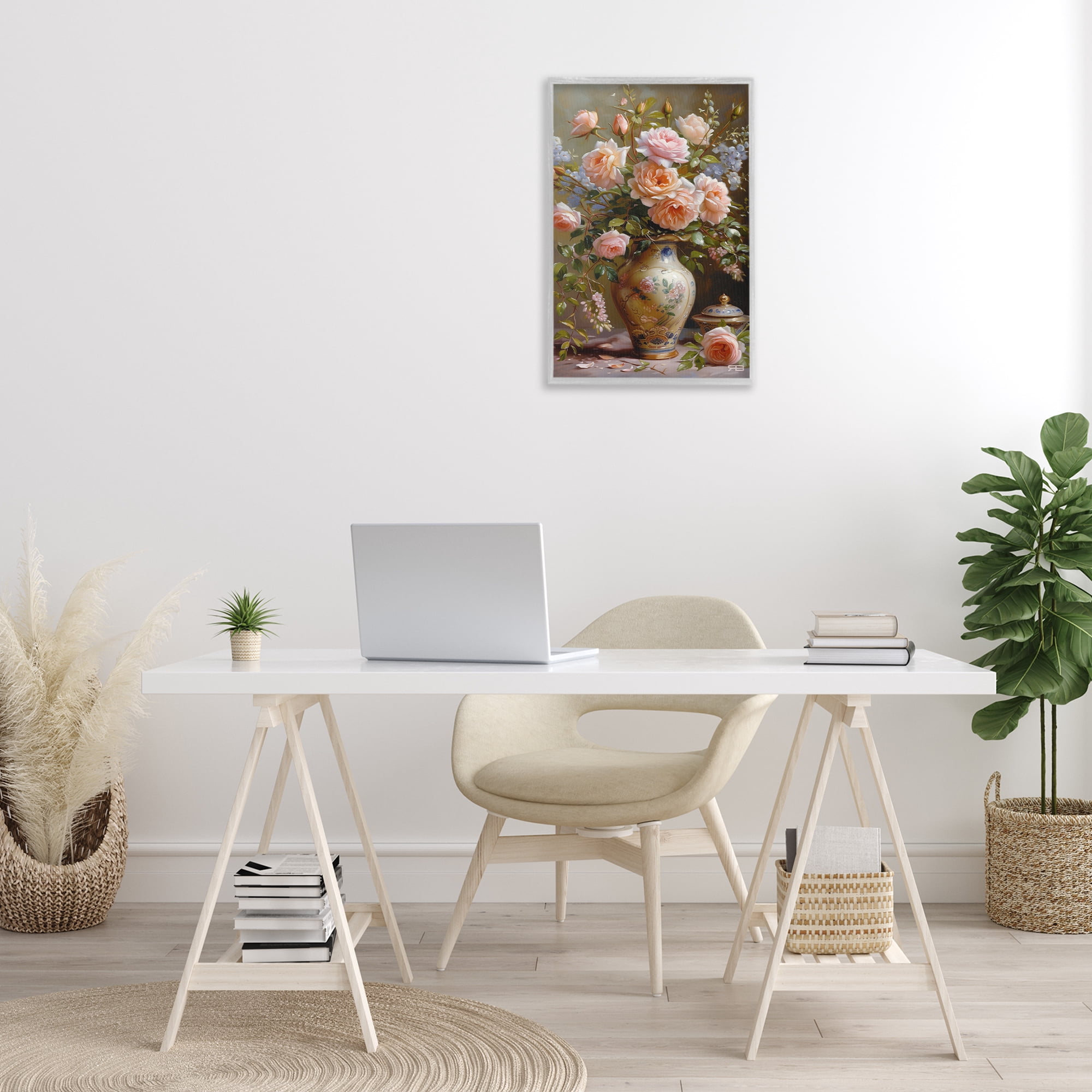 Stupell Industries Roses in Traditional Vase Botanical & Floral Painting Gray Framed Art Print Wall Art, 16 x 24