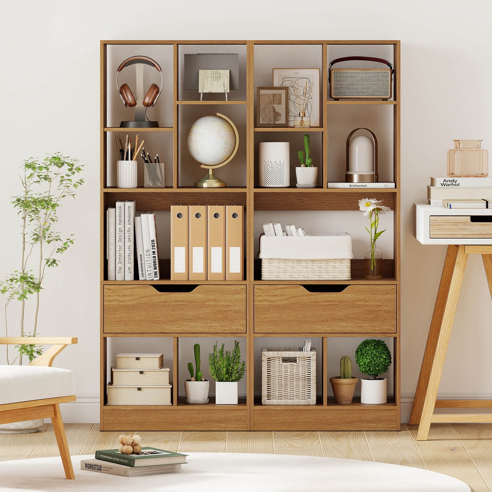 Costway 1 PCS 51” Tall Bookcase with Drawer 7 Open Cubes Anti-toppling Kits for Study Home Office Natrual