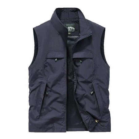 Olyvenn Men s Fall Outdoor Lightweight Stand Collar Quick Dry Breathable Vest with Pockets Multi Pockets Quick Dry Fishing Vest Lightweight Breathable Travel Safari Vest Dark Blue 10