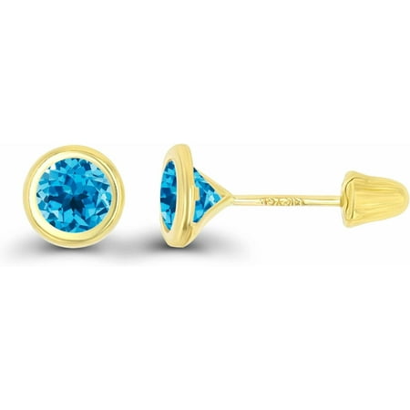 Divine_creation 1.45 Ct Round Cut Blue Topaz Womens Stud Bezal Earrings 14K Yellow Gold Plated 925 Sterling Silver