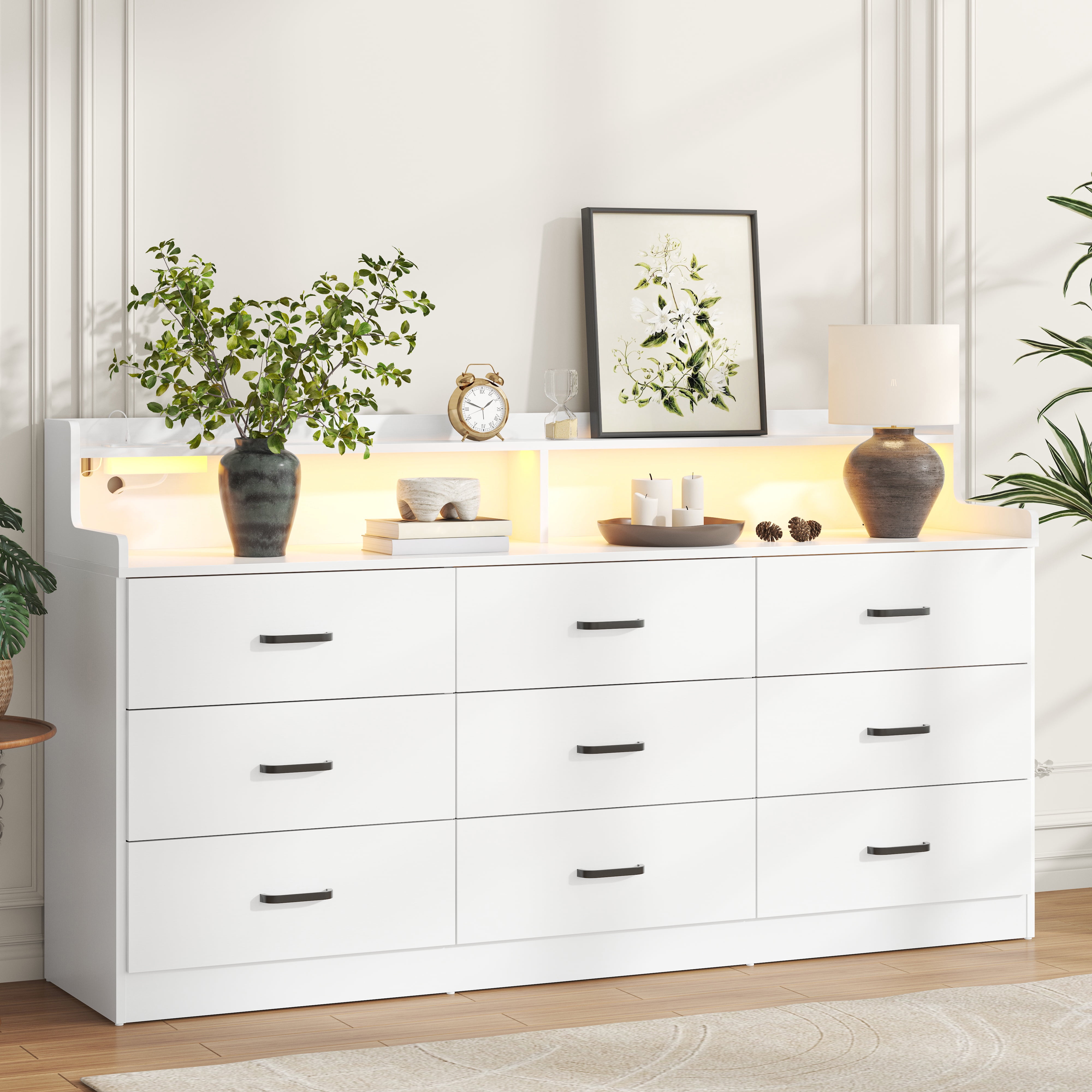 VVFLU Modern Dresser for Bedroom with LED Light, 9 Drawer White Dresser with Charging, Wooden Chest of Drawers, Large TV Stand for Bedroom