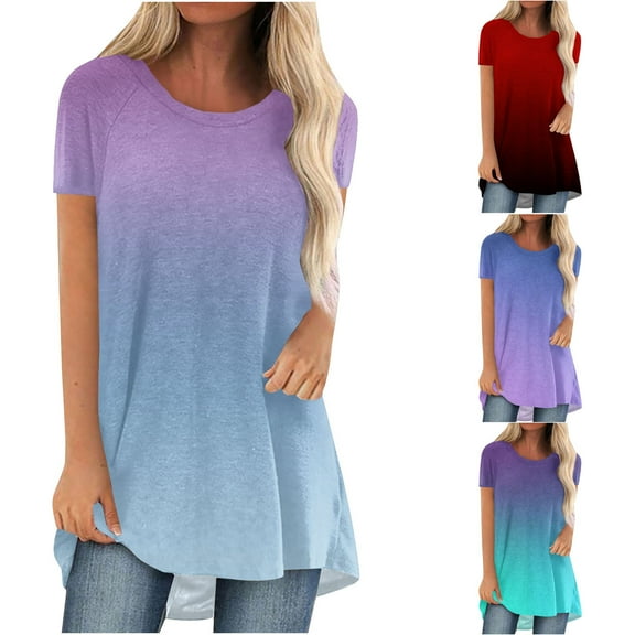 Patlollav Womans Summer Blouse Print Round-Neck Loose Short Pullover Sleeve Tops