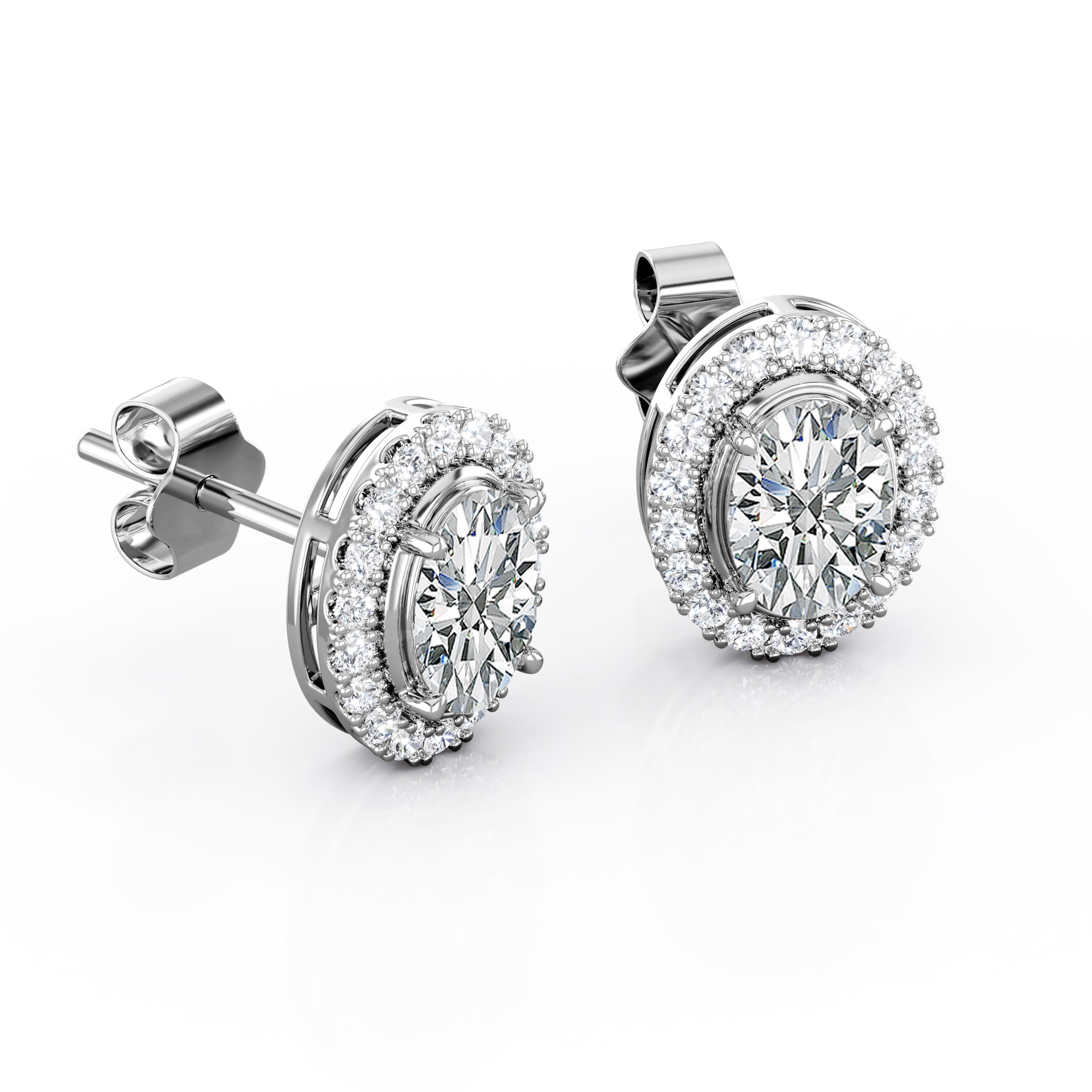JeenMata 2.2 Carat Oval Cut Moissanite - Cluster Halo - Prong Set Stud Earrings - 18K White Gold Plating over Silver Plating over Silver