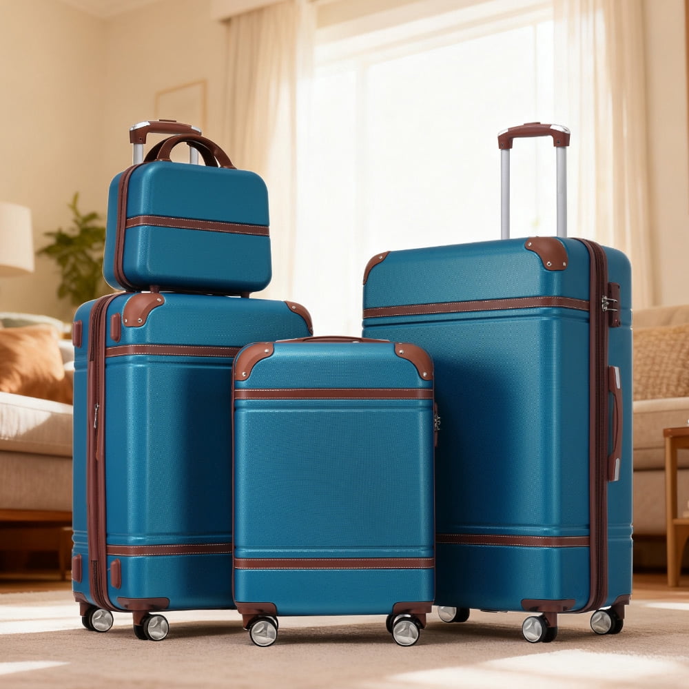 MAYEERTY Vintage 4-Piece Luggage Set - 20"+24"+28" Expandable Hardside Suitcase + Cosmetic Case with TSA Lock & Spinner Wheels, Blue
