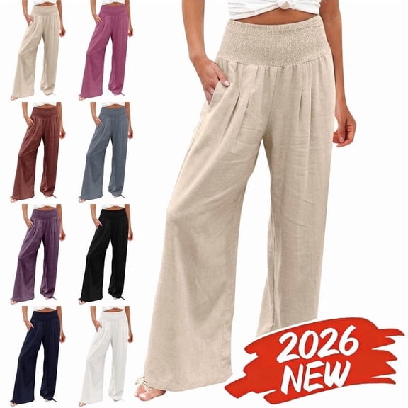 MELDVDIB Womens Linen Pants Summer High Waist Wide Leg Beach Pants Casual Palazzo Pants Lounge Trousers
