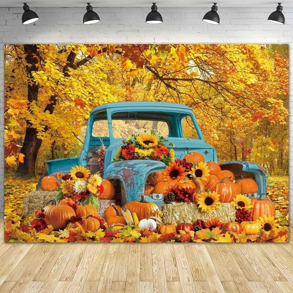 Felortte 10x8FT Autumn Forest Blue Truck Backdrop Fall Harvest Pumpkin Farm Car Photography Background for Thanksgiving Party Dec PhotoBooth Props