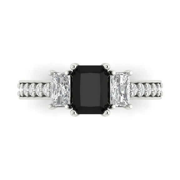 1.88 ctw 3 Stone Anniversary Ring for Women | Emerald Cut Natural Onyx | Hyperallergenic Solid 14K White Gold