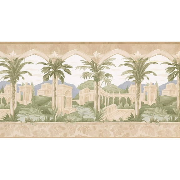 Concord Wallcoverings Wallpaper Border Vintage Pattern Buildings Palms Mountains for Cottage Living Room, Beige Green Gray, 15 Feet by 10.5 Inches BW77451
