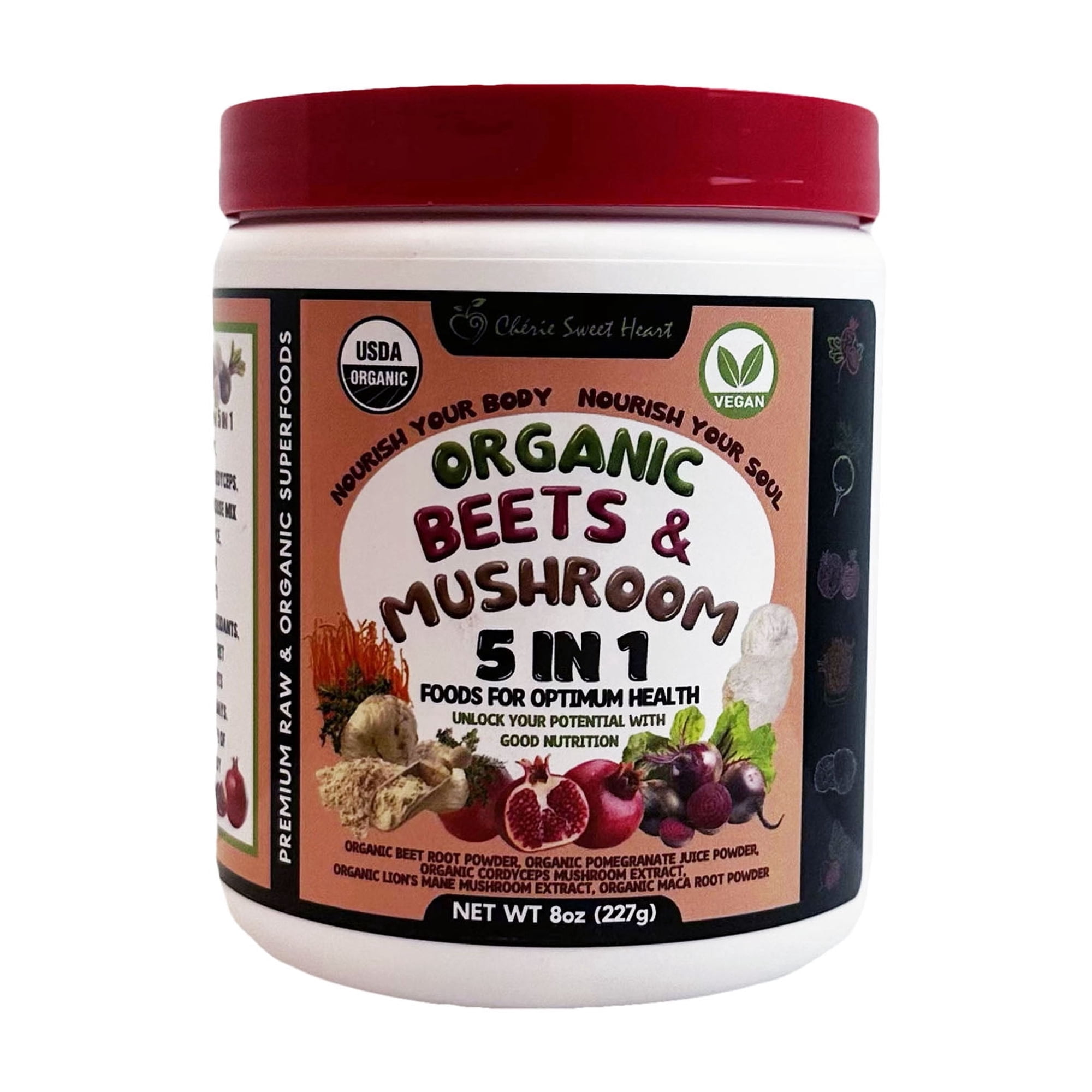 Cherie Sweet Heart Organic Beets & Mushroom Powder 5 in 1 Energizing Superfood, 8 Oz