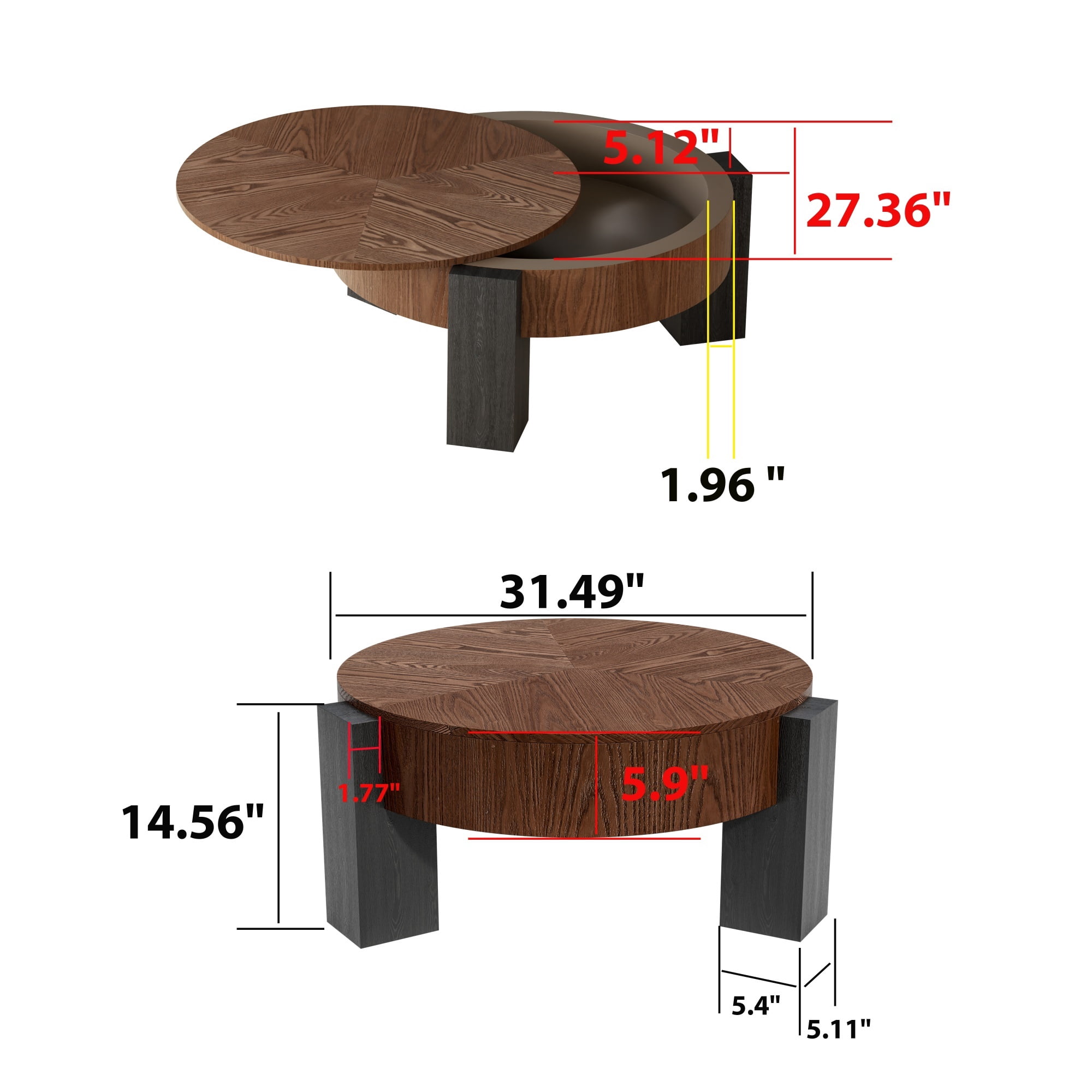 1PCS Round Coffee Table with Hidden Storage Compartment, Modern Wood Veneer Accent Center End Table with 3 Block Legs