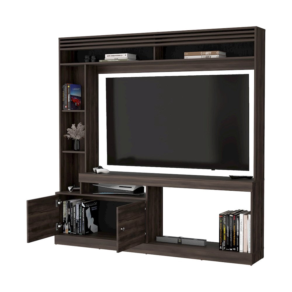 Fm Furniture Rock House Entertainment Center with Two Doors and Open Storage, Stained Walnut