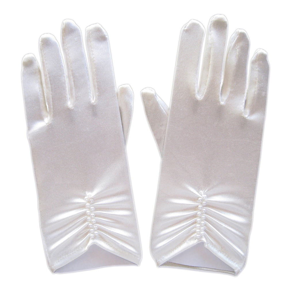 ZaZa Bridal Girls Satin Gloves with Pearl Bead Edging Around The Wrist/White