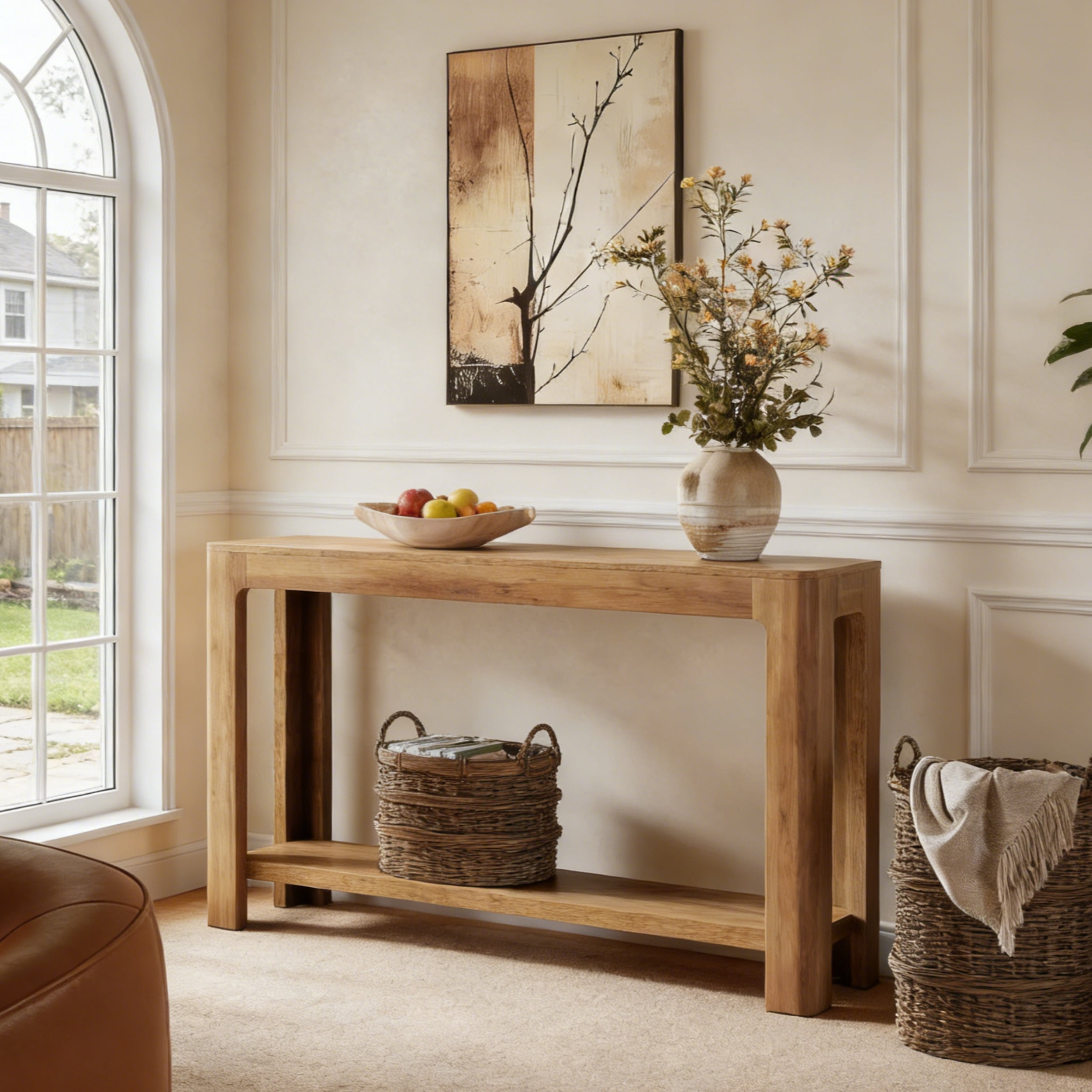 Fnova 63" Farmhouse Console Table, 2-Tier Wood Entryway Table with Storage Shelf, Narrow Sofa Table for Living Room, Hallway, Foyer
