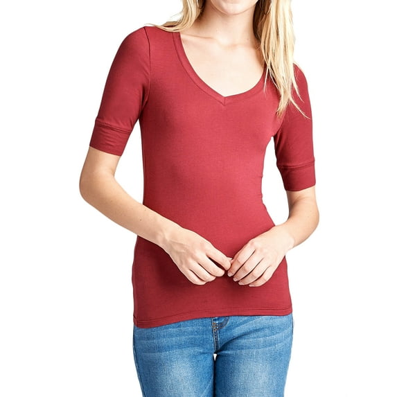 Junior & Junior Plus Basic Cotton V Neck Elbow Sleeve Tee Shirt Top