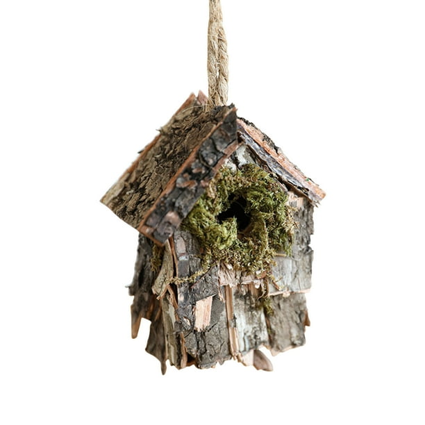 Adorno navideño de madera con forma de casa, flores de musgo y paja | Decoración rústica natural para árbol | Decoración navideña artesanal de 8-9 cm