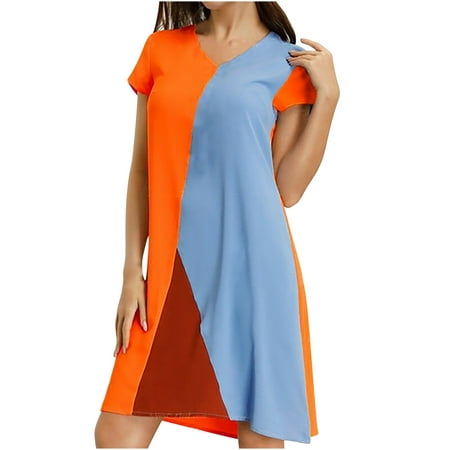 

LWZWM Womens Dresses Summer Short Sleeve V-Neck Knee Length Beach Gift for Her Graduation Gifts Orange M