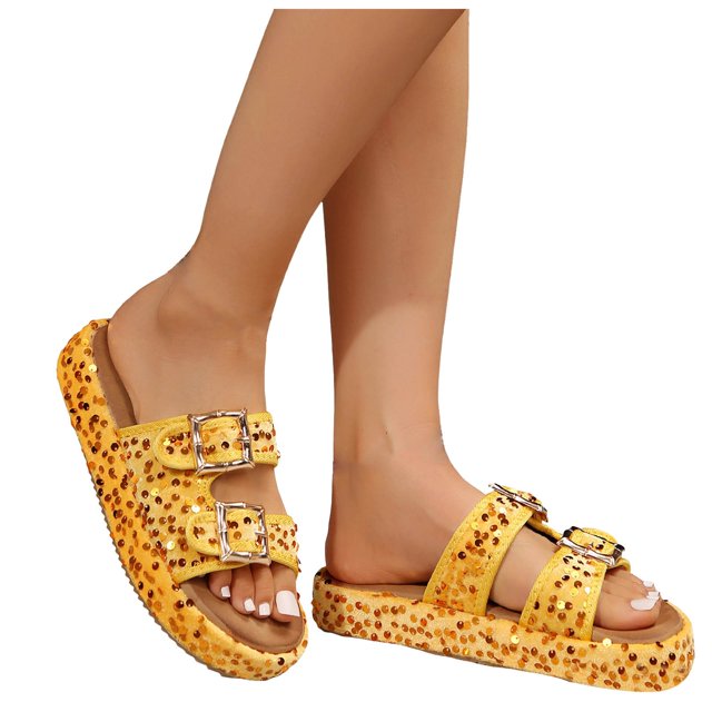 IUJSOY Sandales pour Femmes Semelle Intérieure en Liège à Enfiler Été Plage Plateforme à Paillettes Pantoufles à Boucle Ajustable