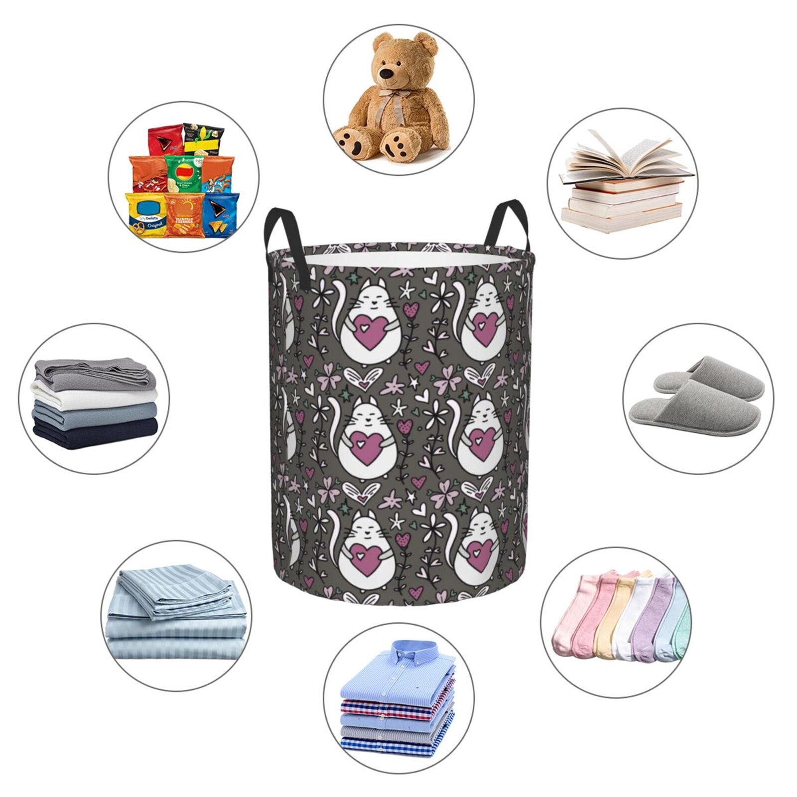 Large Laundry Basket with Handles - Abstract Cartoon Cat Heart Flower Kids Baby Dirty Clothes Laundry Hamper for Bedroom Aesthetic