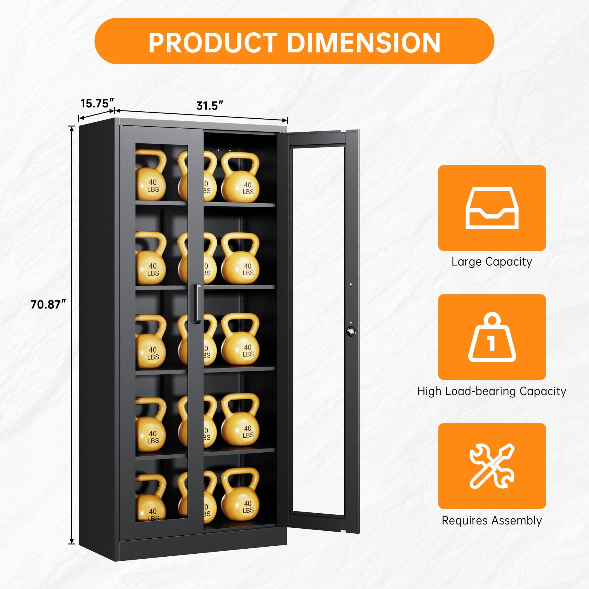 STANI 71"H Metal Glass Display Cabinet, 4 Adjustable Shelves,Lockable Storage Cabinets with Tempered Glass Door, for Home Office Pantry Bathroom,Black