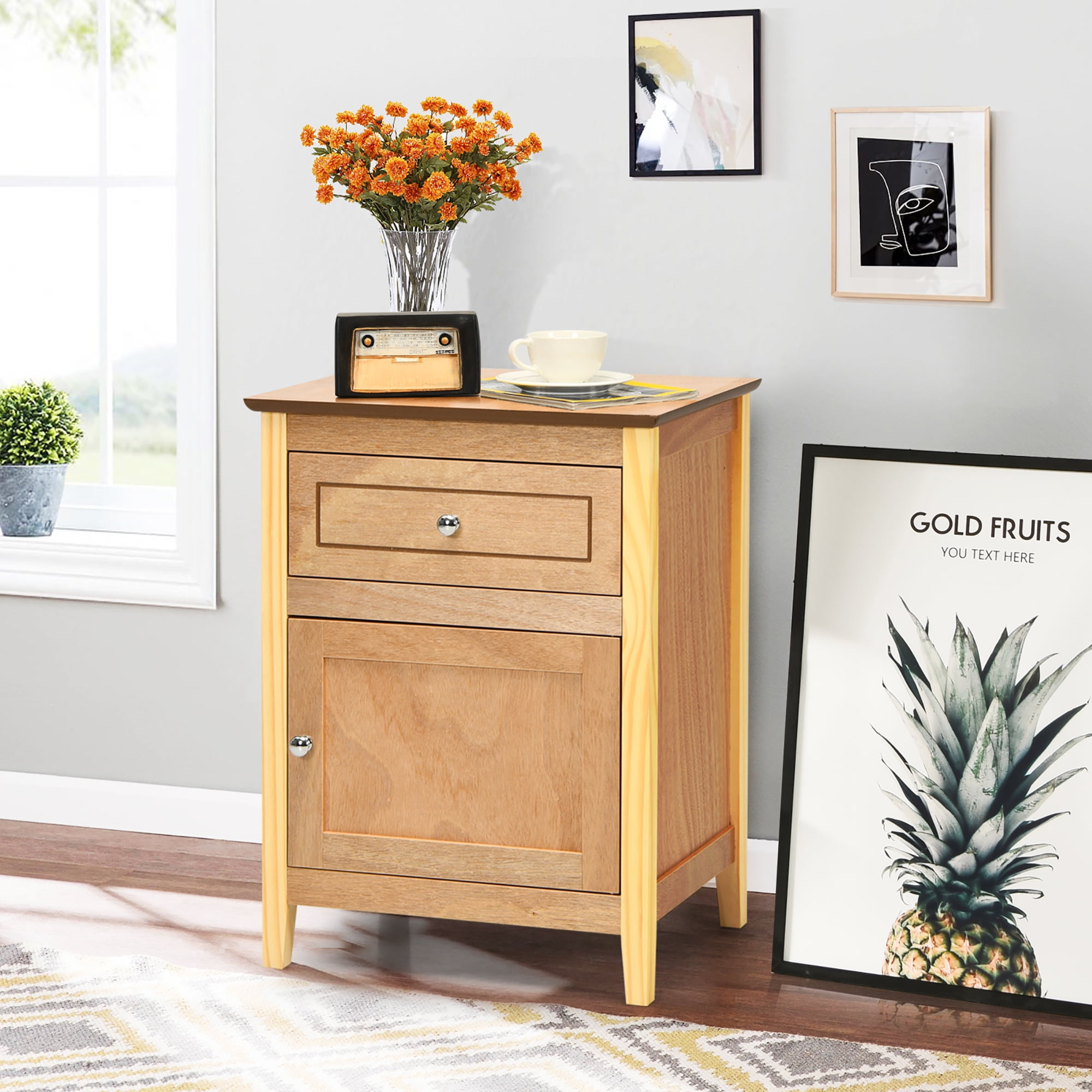 Costway Nightstand with Drawer Accent Side End Table Storage Cabinet Natural