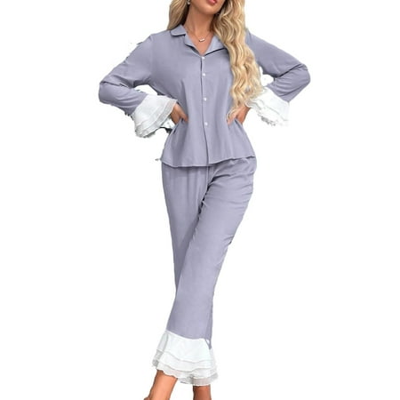 

Elegant Lapel Pant Sets Long Sleeve Dusty Blue Womens Pajama Sets (Women s)