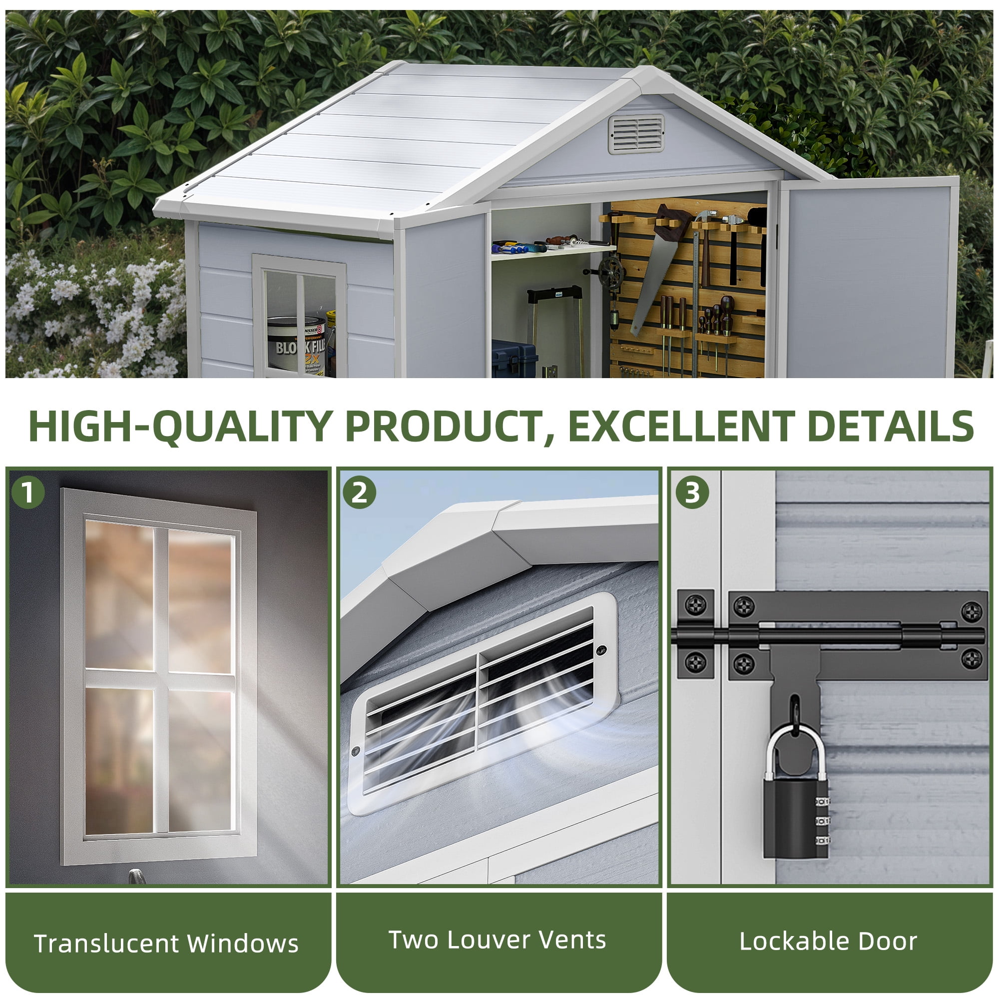 Craftian Resin Outdoor Storage Shed,6.2x3.4ft Plastic Outdoor Shed with Secure Floor Lockable Door Garage Patio Garden Storage Shed