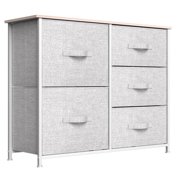 5 Drawers Dresser Tower Shelf Organizer Bins Bedroom Storage Cabinet, Light Gray
