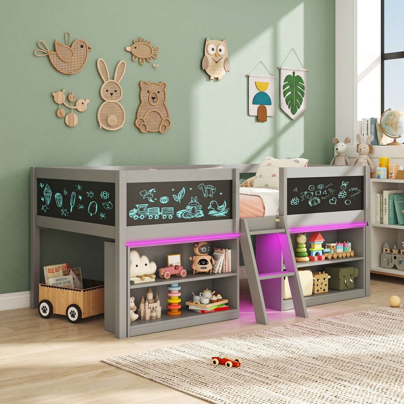 Furnibear Low Loft Bed with LED Lights and Bookcases for Kids Bedroom, Space-Saving Wood Cabin Bed with Storage Shelves and Chalkboard, Gray