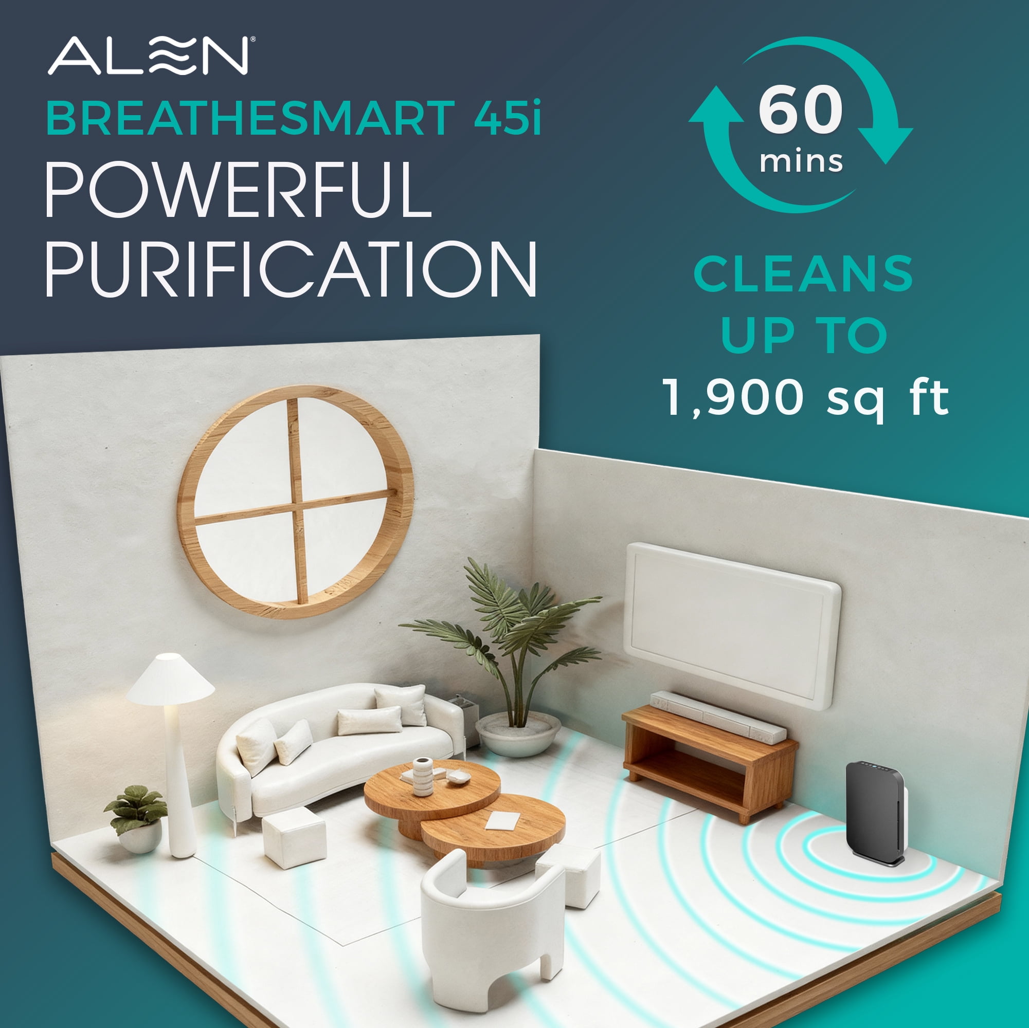Alen Air Purifier BreatheSmart 45i HEPA with Advanced (Fresh) Filter for Large Rooms up to 1900 Sq. Ft - Perfect for Bedrooms & Home Offices - Captures Dust + Household Odors & Smoke