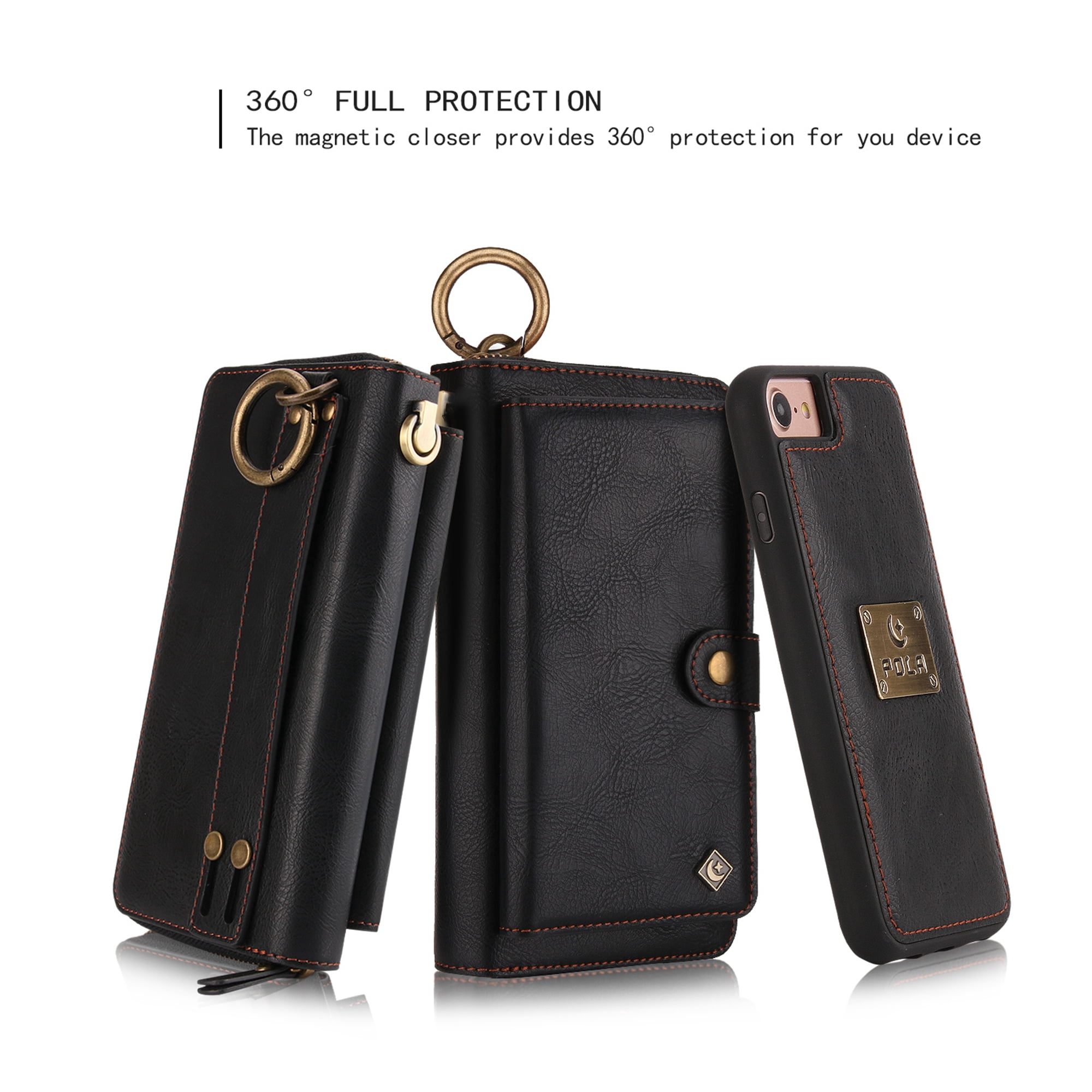 iPhone 8 Wallet Detachable Case, iPhone 7 Case, Dteck [wrist band & metal buckle & 14 Card Slots] Zipper Purse Phone Case Multi-function Folio Flip Weave PU Leather Removable Magnetic Back Cover,Black
