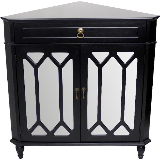 Black Wood Clear Glass Corner with a Drawer, 2 Doors