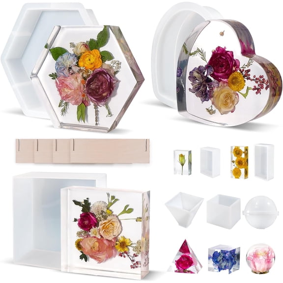 8Pcs Resin Molds Silicone,Deep Epoxy Resin Molds for Flower Bouquet Preservation,Large Silicone Molds for Resin Casting Craft Including Square Hexagon Heart Resin Mold