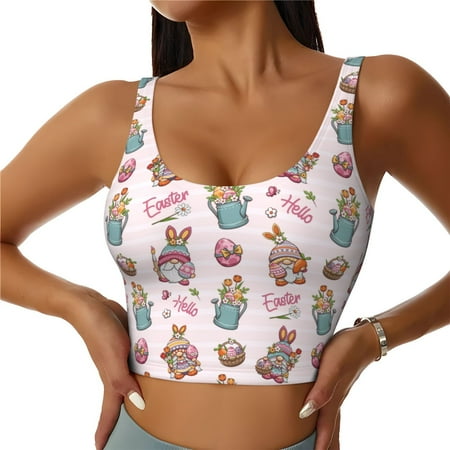 Jgfou Hello Easter Print Womens Sports Bra - Padded Workout Sports Bras Crop Tank Top