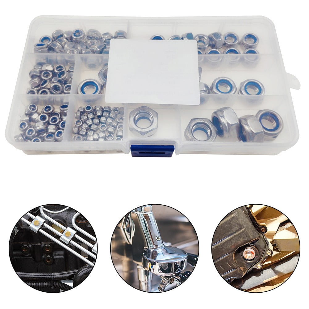 200Pcs Stainless Steel Self-Locking Nuts Assortment Threaded Inserts Hex Nut Set