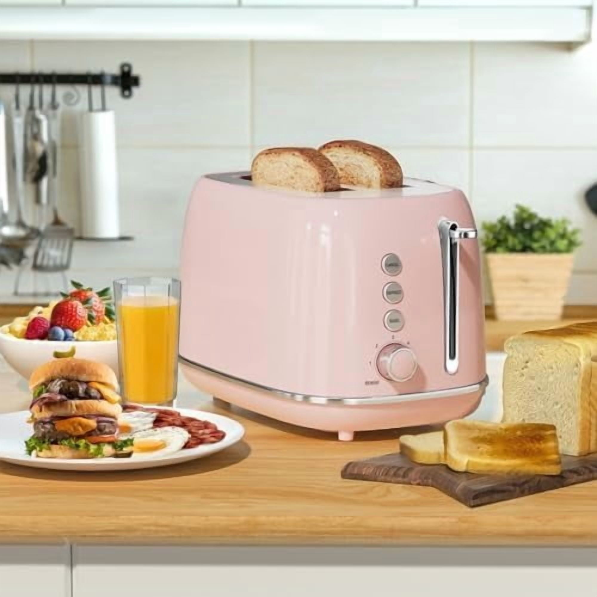 2 Slice Toaster Retro Stainless Steel with Bagel, Cancel, Defrost Function and 6 Bread Shade Settings Bread Toaster, Extra Wide Slot and Removable Crumb Tray (Pink)