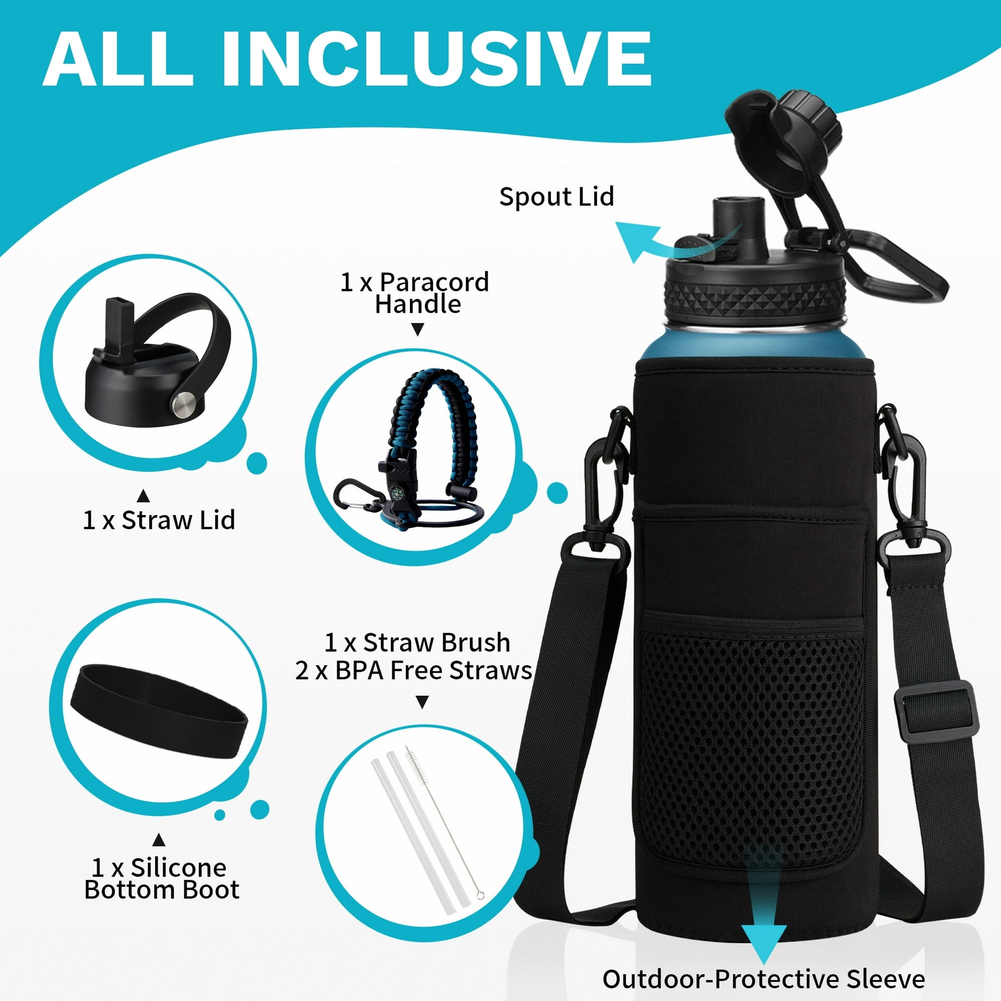 64oz Stainless Steel Water Bottle - Insulated Water Bottle with Straw & Pop Up Lid, 1/2 Gallon Water Jug with Carrier Bag, Paracord Handle, Leak Proof