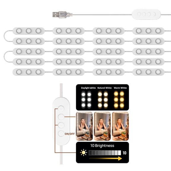 LED Vanity Mirror Lights - USB Dimmable Brightness Adjustable Hollywood Style Modern Makeup Mirror Strip (No Adapter)