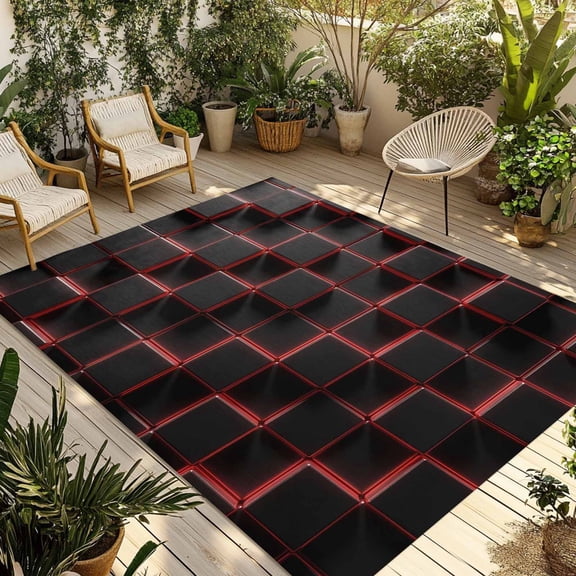 Red Black Cubes Outdoor Rug for Patio/Deck/Porch, Non-Slip Large Area Rug 3 x 5 Ft, Modern Geometric Abstract Art Indoor Outdoor Rugs Washable Area Rugs, Reversible Camping Rug Carpet Runner
