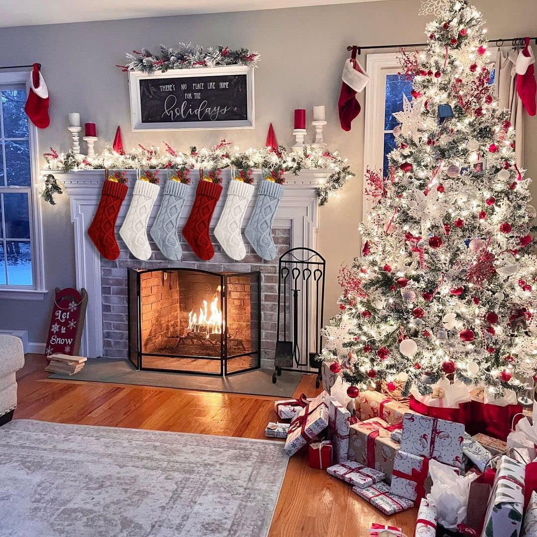 6 Pcs Christmas Stockings, 18 Inch Large Size Cable Knitted Stocking Gifts & Decorations for Family Holiday Xmas Party