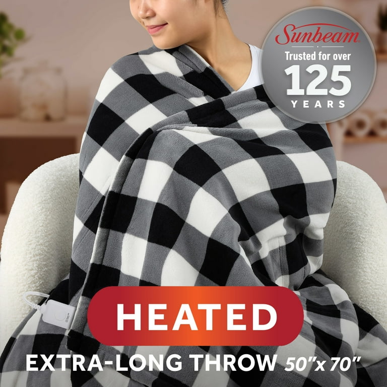 Sunbeam Electric Heated Throw Blanket Black/White Plaid Microplush