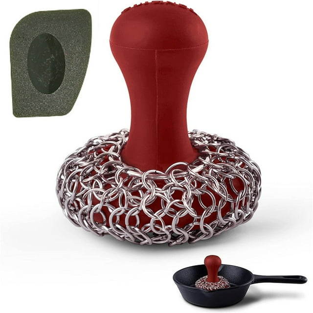 Stainless Steel Cleaner, Chainmail Scrubber for Cast Iron Pan Frying Pan Wok, Durable Silicone Handle Easy to Clean and Maintain, Dishwasher Safe, Efficient Cleaning Surface